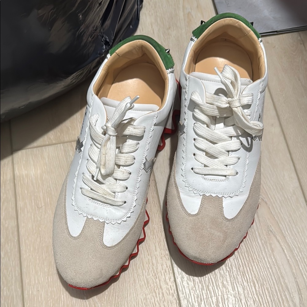 Christian Louboutin White and Beige Sneakers with Green Accents